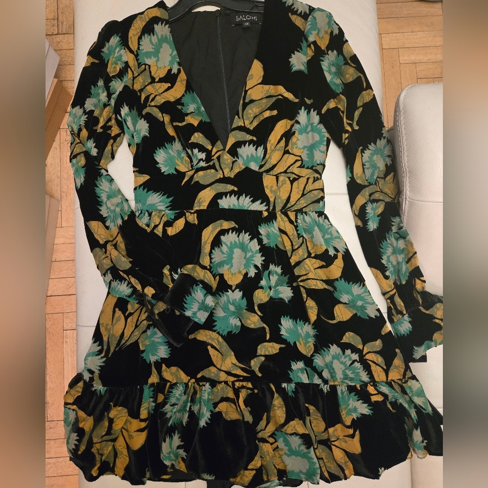 SALONI Velvet Black and Teal Floral Long Sleeve Tiered Mini Dress Size 4